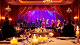 Dine at a dinner theater in las vegas while enjoying a vibrant performance with an inviting atmosphere.