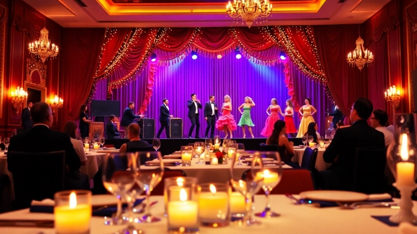 Dine at a dinner theater in las vegas while enjoying a vibrant performance with an inviting atmosphere.