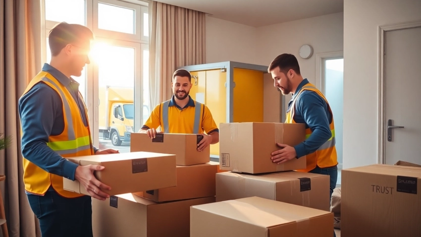 Movers showcasing teamwork while packing in a modern apartment by moving companies Toronto.