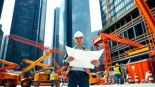 New York Construction Manager overseeing a dynamic urban construction site with vibrant activity.