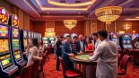 Engaging scene of players enjoying play casino online with vibrant machines in a luxurious environment.