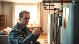 Experienced gas engineer bristol inspecting a modern heating system in a cozy living room setting.