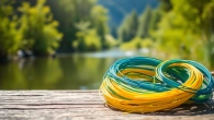 Experience the beauty of Fly fishing line coiled by a tranquil river surrounded by greenery.