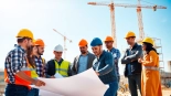 Engaged professionals collaborating in Careers in construction at a lively job site, showcasing teamwork.