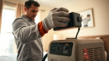 Bed bug heat treatment process displayed by a professional exterminator in a sanitized bedroom setting.