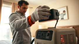 Bed bug heat treatment process displayed by a professional exterminator in a sanitized bedroom setting.