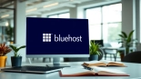 Highlighting the Bluehost logo on a laptop in a modern office setting promoting web hosting.