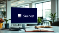 Highlighting the Bluehost logo on a laptop in a modern office setting promoting web hosting.