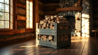 Stacked oak firewood crates EU providing warmth in a rustic cabin setting.