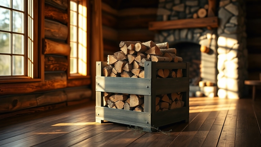 Stacked oak firewood crates EU providing warmth in a rustic cabin setting.