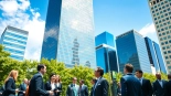 Showcasing professionals in the dallas hedge fund sector discussing in a vibrant financial district.