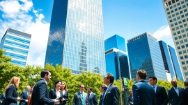 Showcasing professionals in the dallas hedge fund sector discussing in a vibrant financial district.