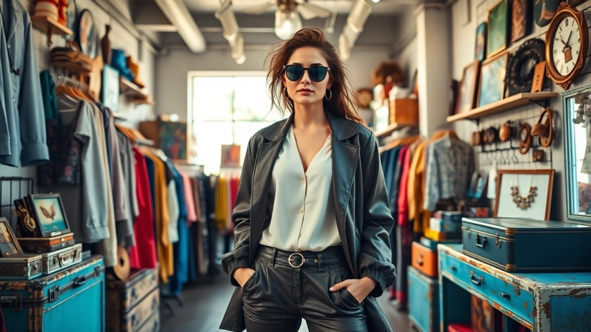 Shop stylish outfits at a vibrant second hand clothing store featuring unique vintage pieces.
