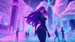 Vibrant NSFW AI characters in a dynamic digital landscape with neon lights and holographic displays.