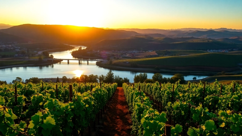 Scenic view of Carksburg CA with lush vineyards and the tranquil Sacramento River at sunset.