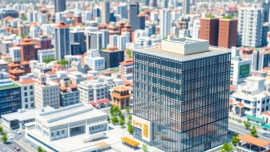 3d visualisierung eines architektonischen Modells in einer lebhaften Stadtlandschaft mit modernen Elementen.