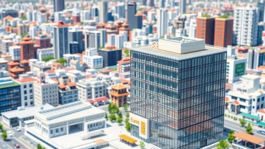 3d visualisierung eines architektonischen Modells in einer lebhaften Stadtlandschaft mit modernen Elementen.