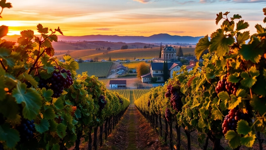 Discover the serene beauty of Clarksburg, CA with rolling vineyards and charming landscapes at sunset.