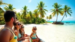 Experience the joy of Harvest Caye Tours Belize with a family enjoying a tropical paradise.