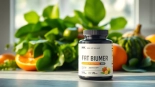 Promote non-stimulant fat burner in a health-conscious setting with vibrant fruits and greens.