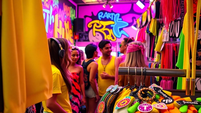 Explore vibrant fashion and accessories at a rave store Miami, capturing lively atmosphere and community.