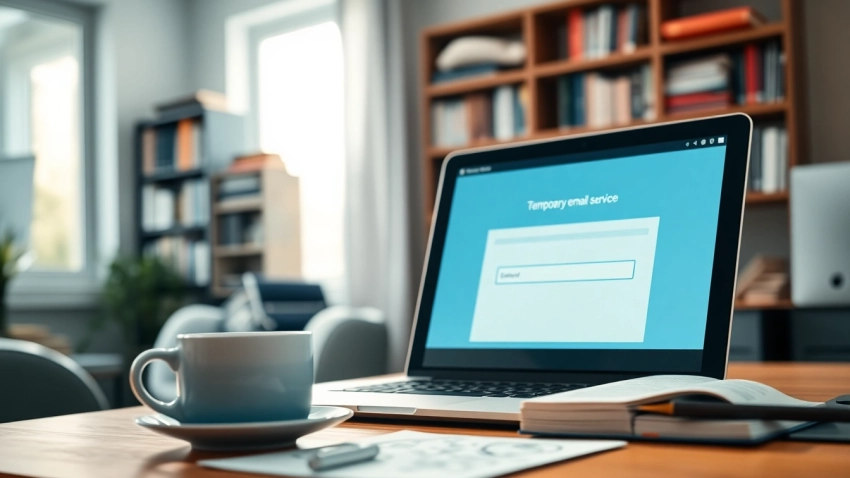 View of a workspace with a laptop showing a temporary email service, fostering productivity and focus.