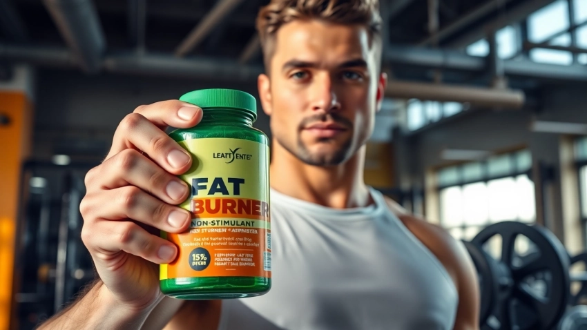 Showcasing a non-stimulant fat burner amidst a fitness backdrop, highlighting health and vitality.