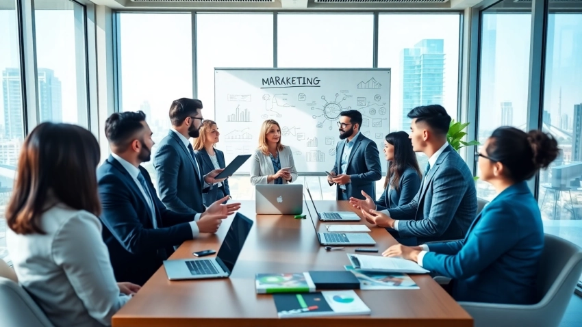 Engaging legal marketing strategy session with diverse professionals focusing on innovative digital tactics.