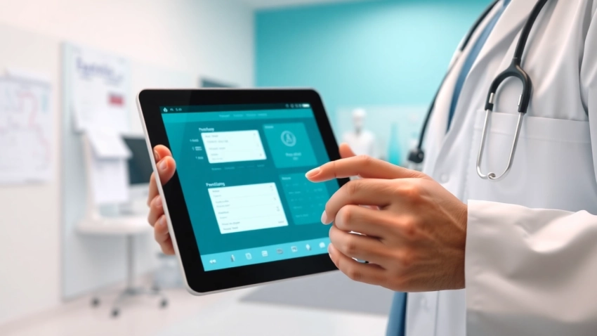 Engaging doctor using eprescribing software in a modern clinic, showcasing efficiency and professionalism.