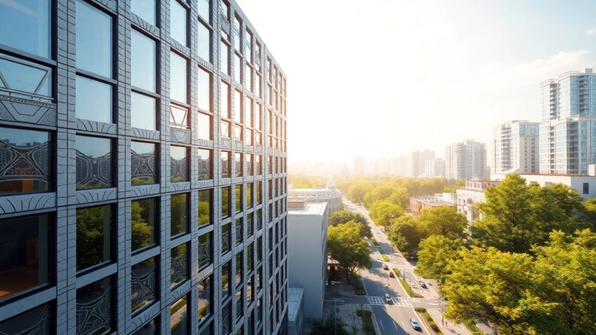 Architekturvisualisierung eines modernen Wohngebäudes in urbaner Umgebung mit lebhaften Details.