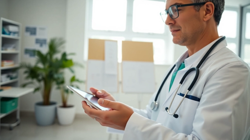 Doctor accessing eprescribing software on a tablet in a bright, modern clinic setting.